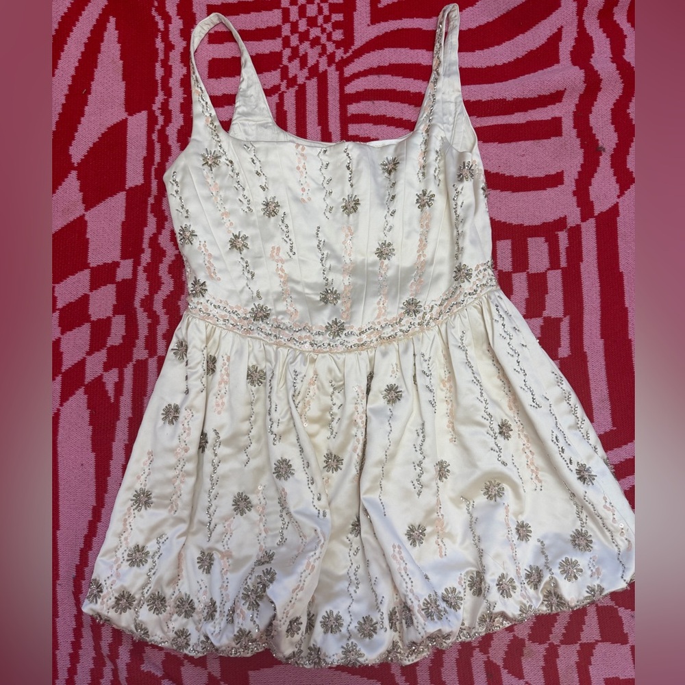 LoveShackFancy Embroidered Floral Bubble Hem Mini Satin Dress